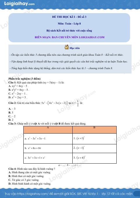 Đề thi học kì 1 Toán 8 - Đề số 3 - Kết nối tri thức